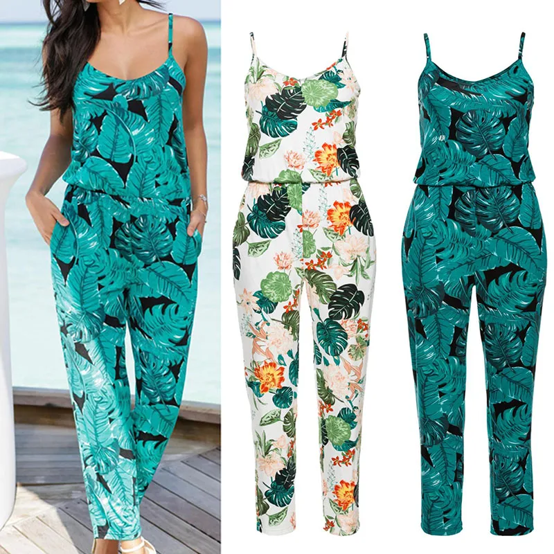 Women Summer Floral Jumpsuit Ladies Sleeveless Beach Casual Long Playsuit Romper