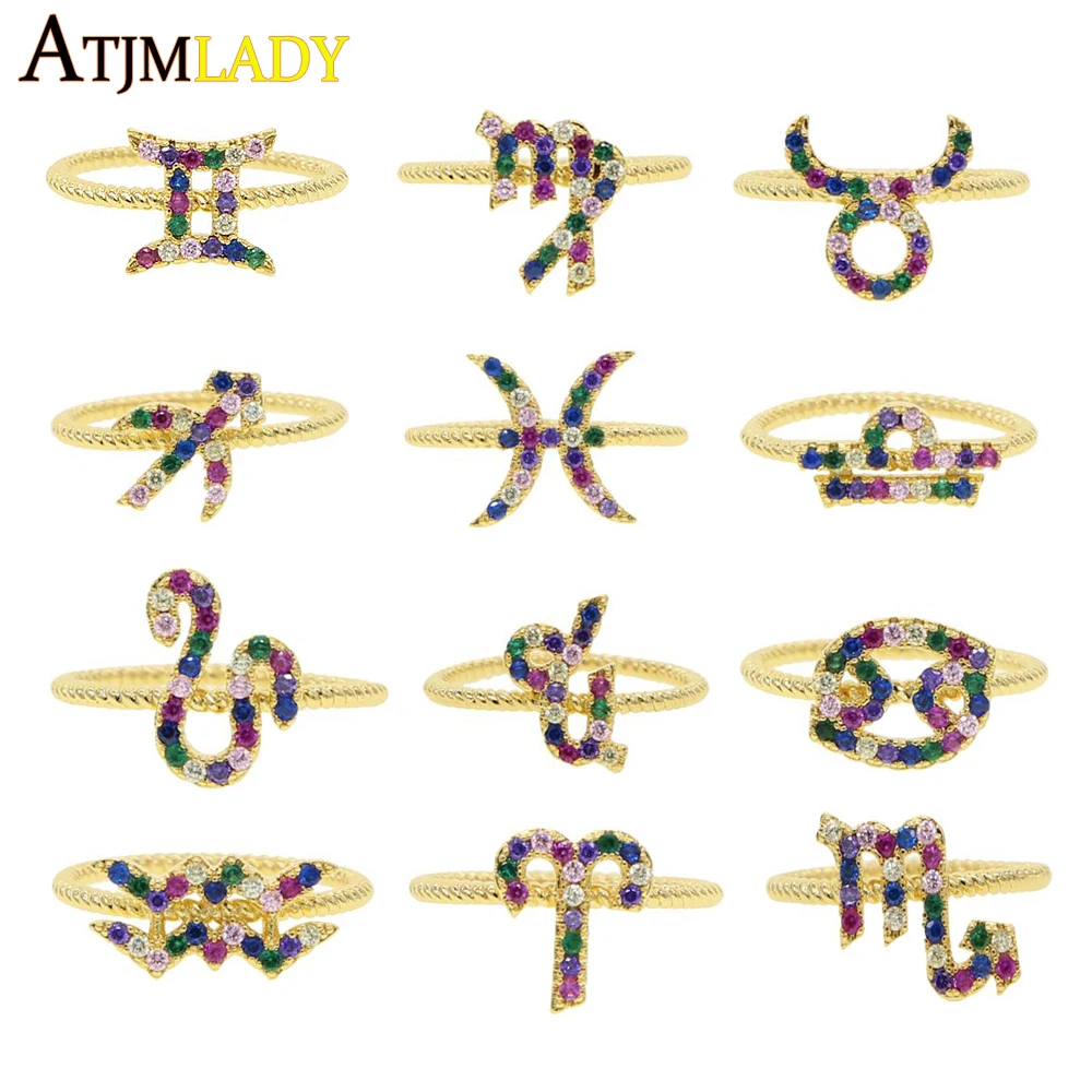 

New Design 12 constellations Zodiac Sign Finger Rings gold filled size 6 7 8 rainbow colorful cz Women's engagement wedding Ring