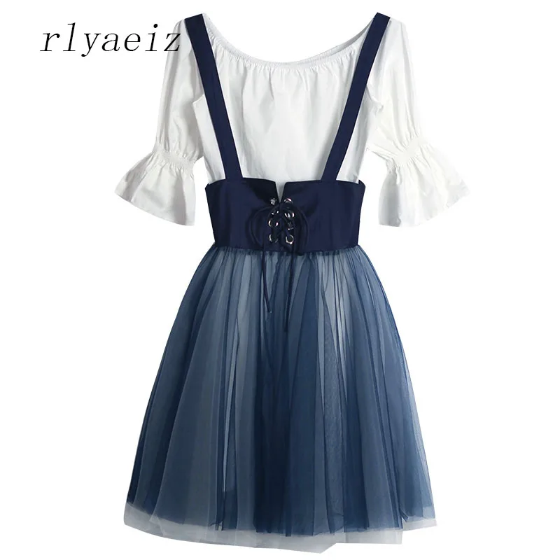 

Rlyaeiz Korean Style Fashion 2 Piece Set Women Sweat Suit 2018 Summer New Slash Neck Flare Sleeve T shirts + Skirts Sets Female