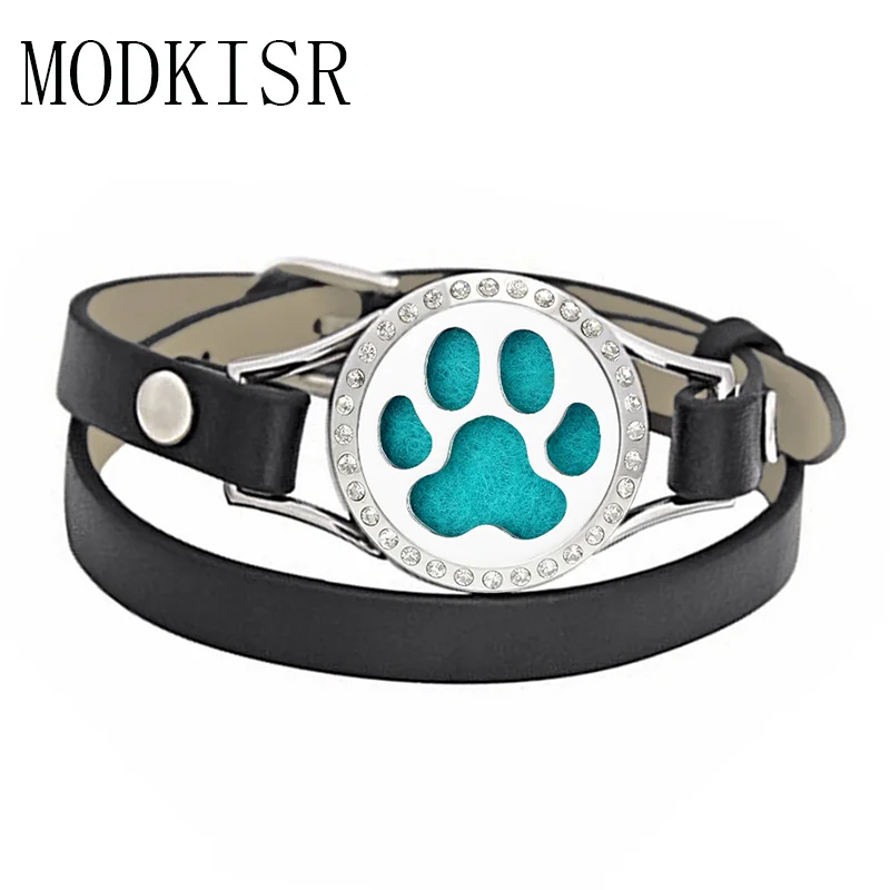 

MODKISR Stainless Steel Leather Bracelets Paw Print Aromatherapy Perfume Diffuser Box Women Bangle With Complimentary Pads NY21
