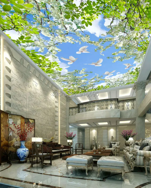 nuvem branca, pombos, flores, folhas verdes, sala