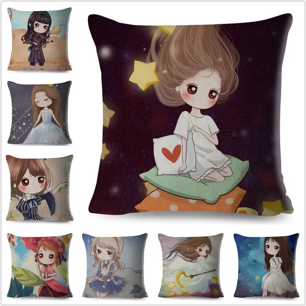 

Cute Cartoon Beautiful Girl Star Pillow Case Linen 45*45 Decor Cartoon Girl Cushion Cover for Sofa Home Throw Pillowcase