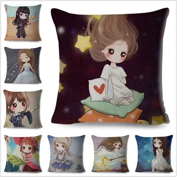 

Cute Cartoon Beautiful Girl Star Pillow Case Linen 45*45 Decor Cartoon Girl Cushion Cover for Sofa Home Throw Pillowcase