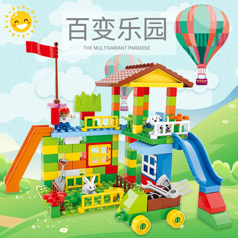 Big Size Diy Building Blocks Happy Town House City Farm Castle Compatible with Legoingly Duplo Slide Toys for Children Baby Gift