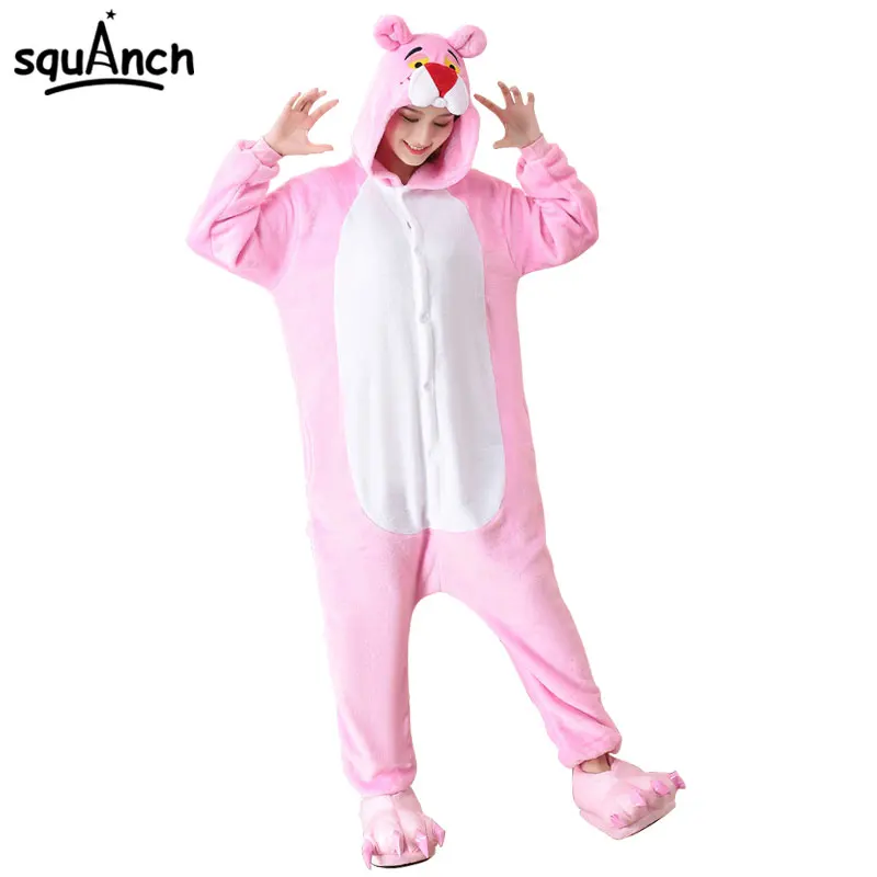 Panther Kigurumis Onesie Women Adult Animal Pajama Cartoon Kitty Leopard Overall Funny Sleepwear Winter Warm Soft Party Suit