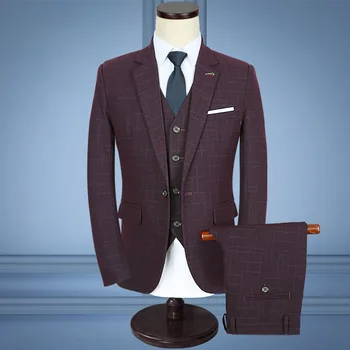 

2020 checked suit men's clothing To marry the groom dress deep wine red wash and wear a three-piece suit