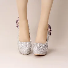 Ultra Silber Kristall Hochzeit Schuhe Absatzplattform Braut Schuhe Runde Kappe Hochzeit-abschluss-party Prom Schuhe Lila Strass Blume