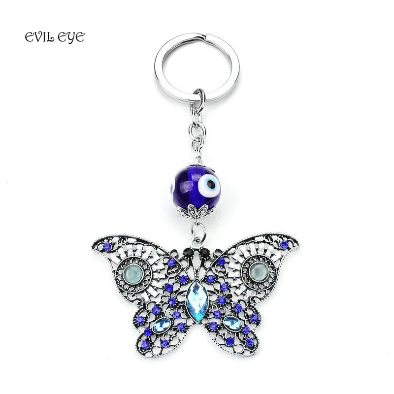 

EVIL EYE butterfly keychain 1pc classic animal keychain micro pave crystal butterfly charm with blue evil eye vintage keychain