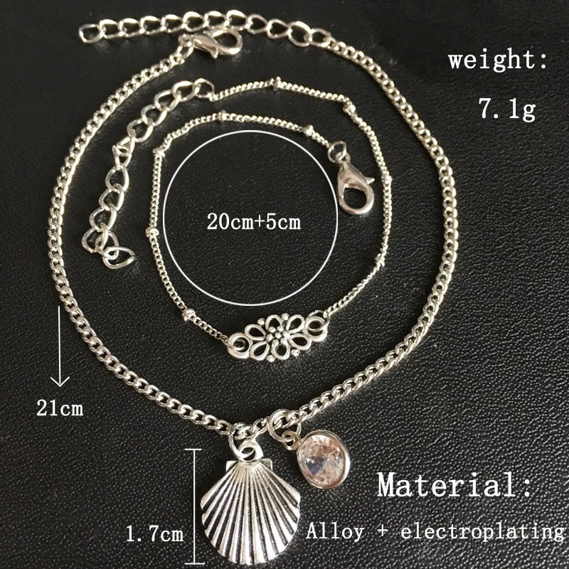 Qevila Fashion Bohemian Footwear Punk Style Silver color Chains Ankle Vintage Shell flower Zircon Multi-lay Bracelet Leg Jewelry (6)
