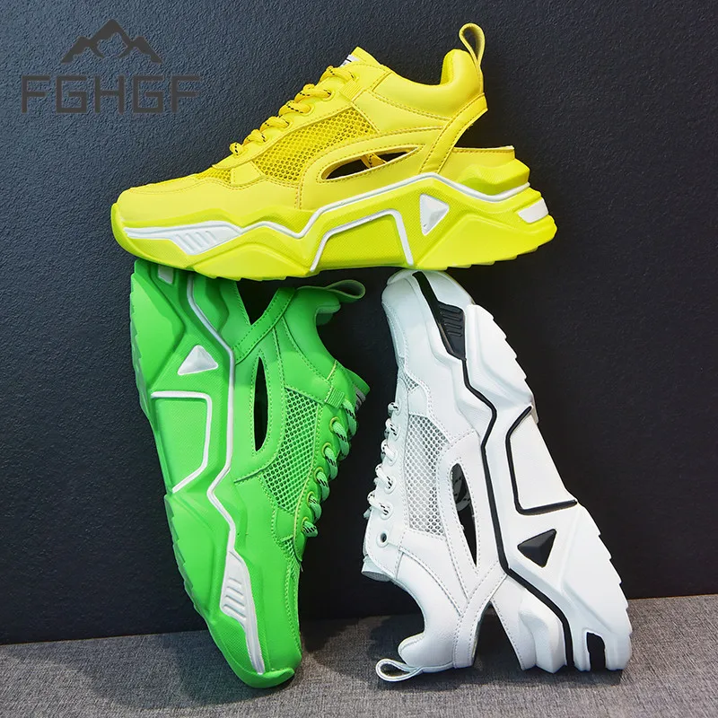 

2019 New Woman Running Yellow Shoes Increasing 6CM INS High Heel Sneakers Women Platform Breathable Sports Walking Gilrs Shoes