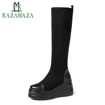 

ZALAVOR Women Over Knee Boots Real Leather Shoes Women Chunky Heels Warm Fur Stretch Boots Platform Winter Shoes Size 35-40