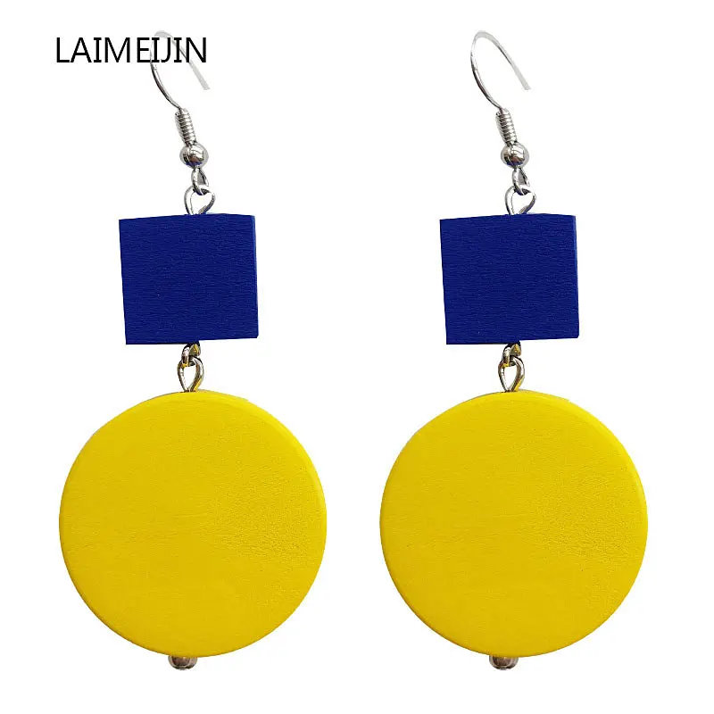 

Geometric Blue and Yellow Square Round Wooden Earrings Simple New Dangle Drop Earrings For Women Fashion Party Jewelry Ear Clips
