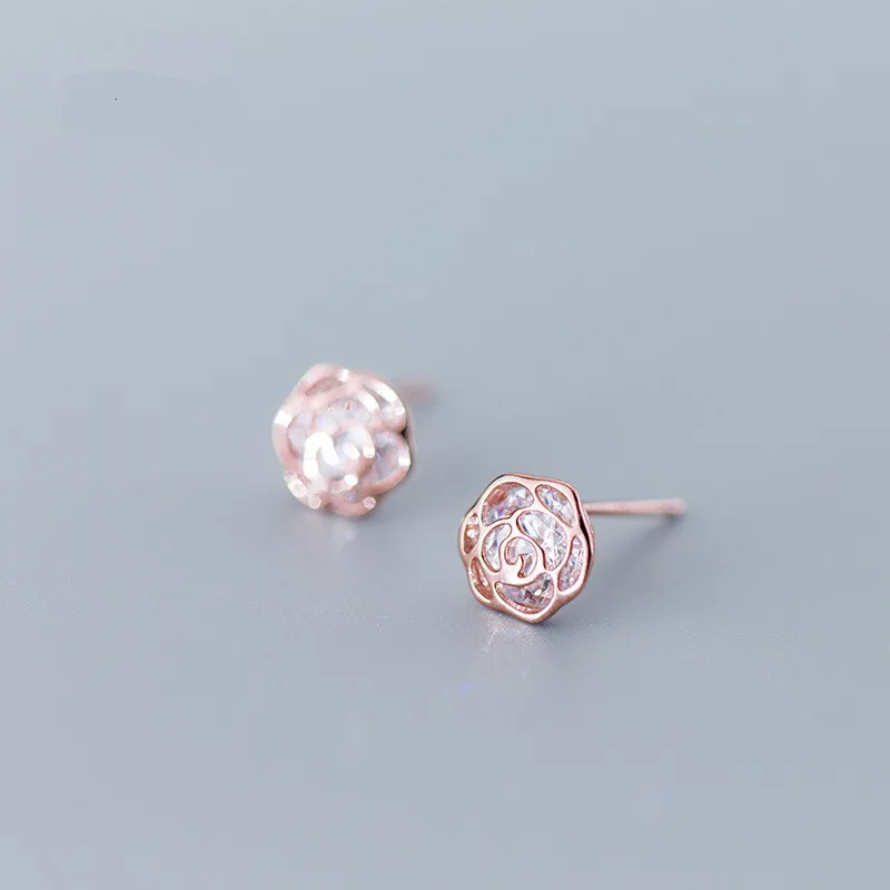 

8MM Cute Authentic Real 100% 925 Sterling Silver fine Jewelry CZ Stone Into Hollow golden Rose Flower Stud Earrings Gtle2522