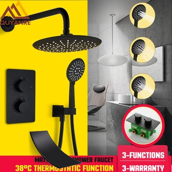 

Quyanre 3-way Black Thermostatic Shower Faucets Waterfal lSpout 3 Function Black Thermostatic Shower Mixer Bath Shower Faucet