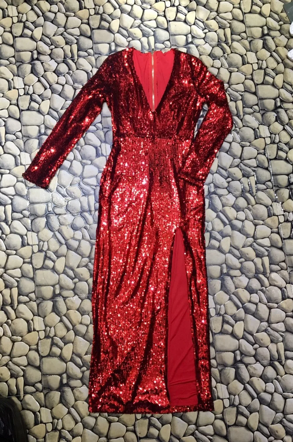 High Quality Wine Red Long Sleeve Bright V-neck Open Fork Dress New Year Party Dress (4)