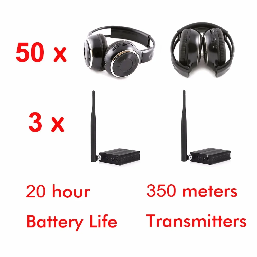 

3 Channels Silent Disco Wireless Headphones Package With 50 Foldable RF Headsets and 3 Transmitters 500m Distance