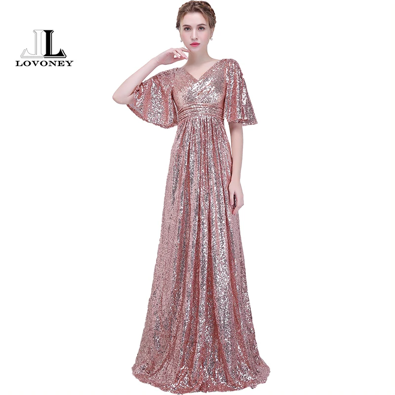 LOVONEY Elegant A line V Neck Evening Dress Long Sequin Formal Party Dresses Women Prom Gown Robe De Soiree Occasion Dress YS416 LOVONEY Elegant A line V Neck Evening Dress Long Sequin Formal Party Dresses Women Prom Gown Robe De Soiree Occasion Dress YS416