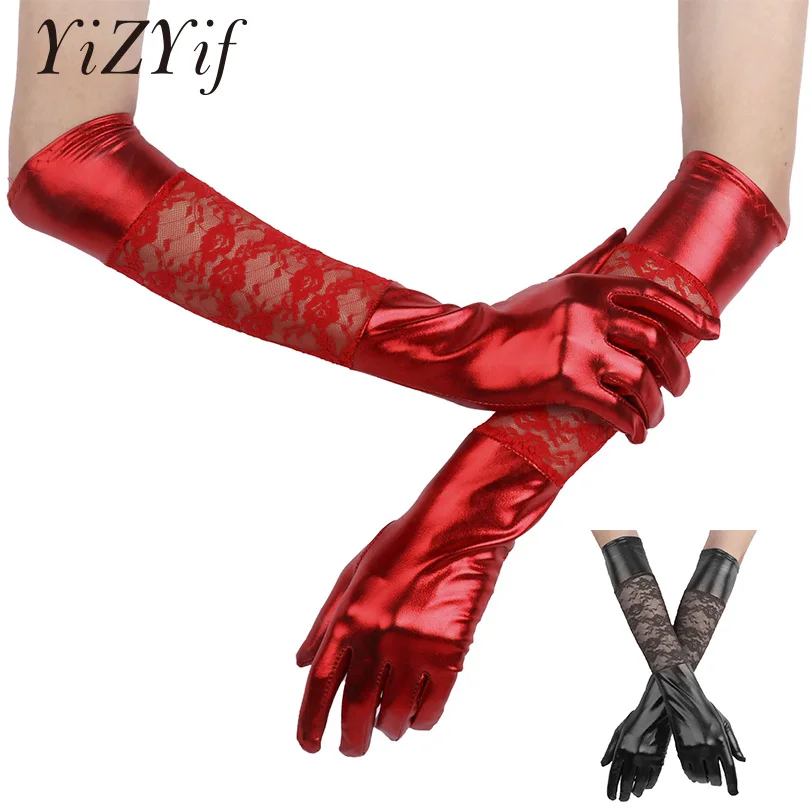 YiZYiF Women Lace Gloves Ladies Half Floral Lace Elastic Shiny Long