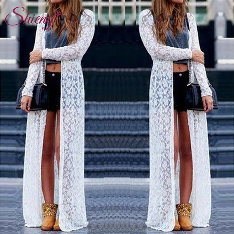 

Shieny Women Sheer Floral Lace Embroidered Cover Ups Plus Size Open Front Long Beach Cover Ups Swimwear Cardigan Bathing Suit