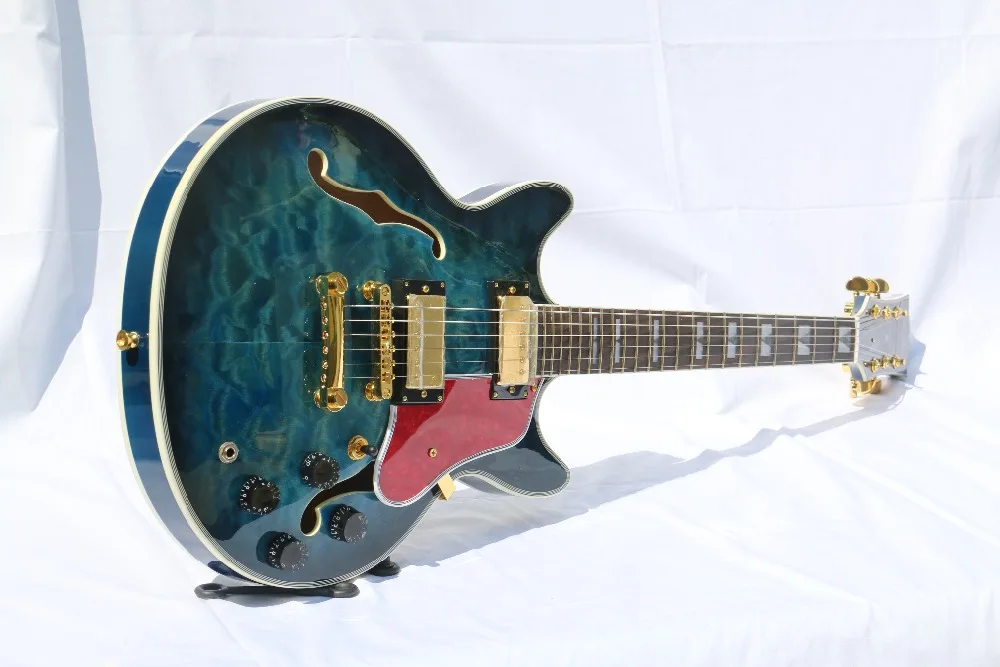 Free Shipping Semi Hollow body AAAAA Quilted maple top Gold hardware electric guitar Guitarra