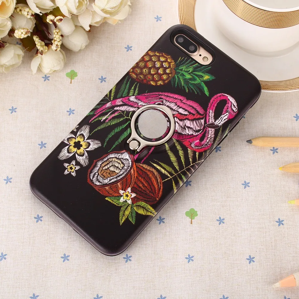 

luxury Embroidered crane Cases For iPhone 8 7 Plus Ring Holder TPU+PC Phone case cover Non-slip Anti-fall