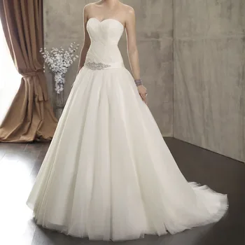 

Simple White Tulle Cheap Wedding Dresses Sweetheart Court Train Lace-up Sashes Vestido De Casamento Luxury Bridal Gown Empire