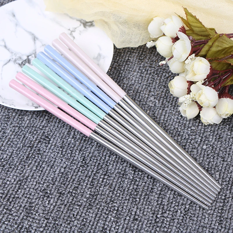 

1 pair Kids Adult Picnic Home Living Accessories Portable Dinnerware Reusable Stainless Steel Chopsticks Wheat Straw Handle