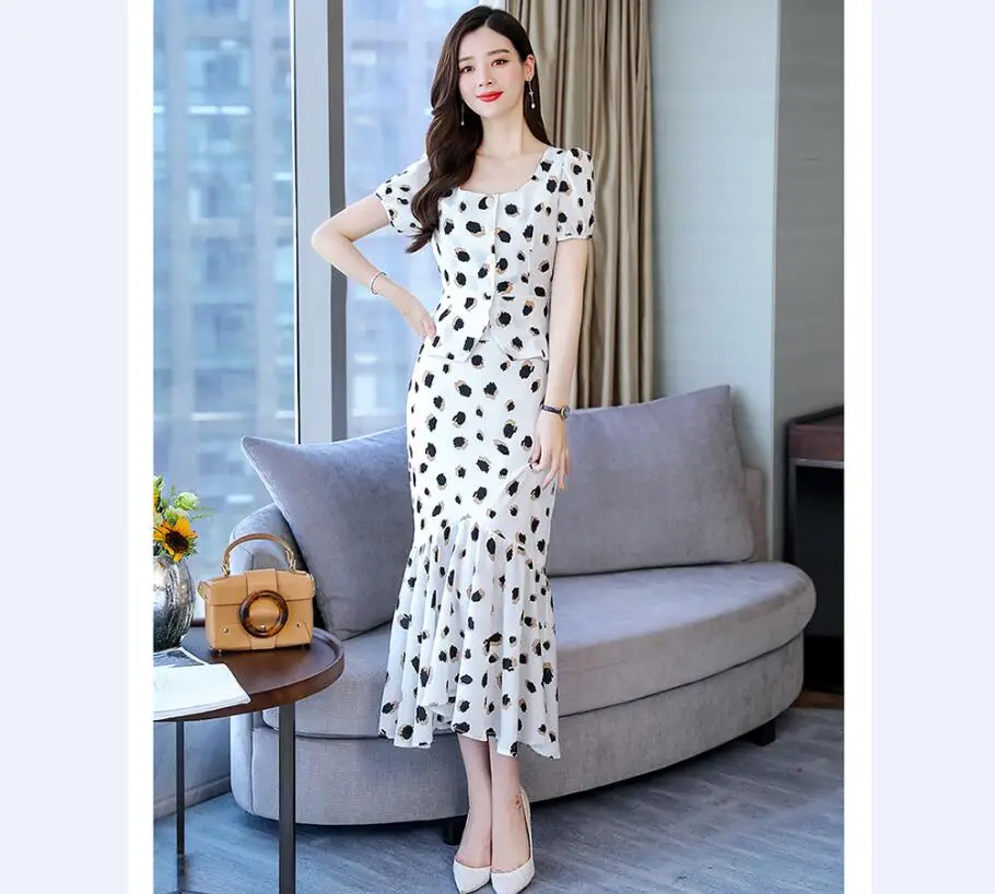 SUmmer Women Two Piece Sets top blouse Shirt and long mermaid Skirt Sets Fashion lady party dot Skirts suits