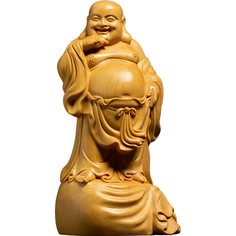 

Elegant Maitreya Buddha with Big Belly: Serene Wood Statue Ornaments, Ideal for Prayer & Spiritual Home Decor Enhancement