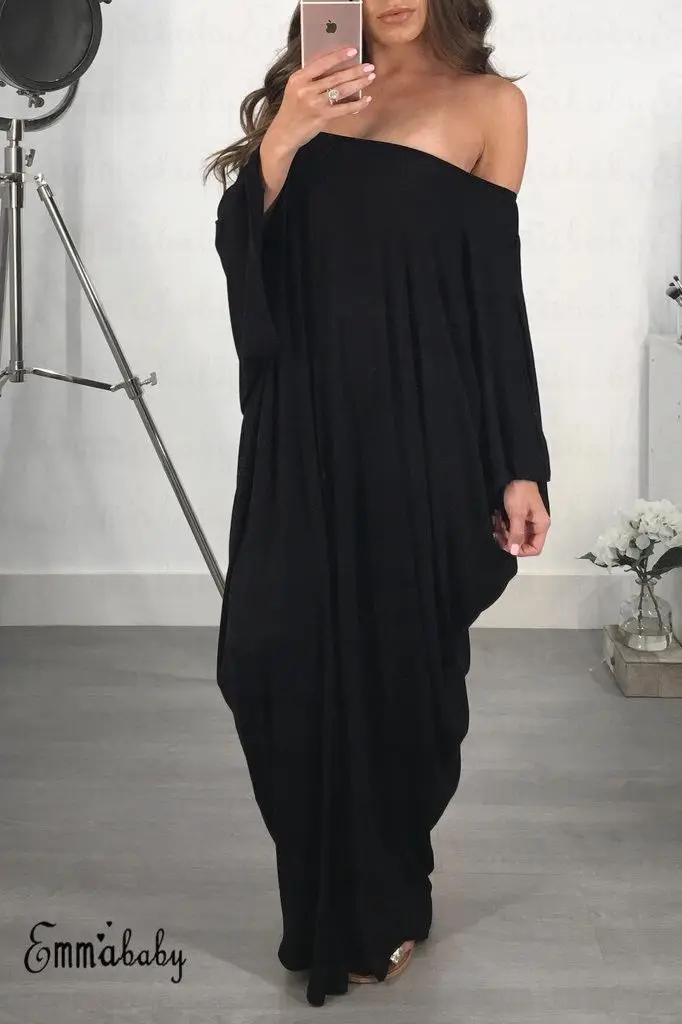 Женское летнее вечернее платье с открытыми плечами и длинным рукавом, Длинное Макси платье плюс - Цвет: Черный