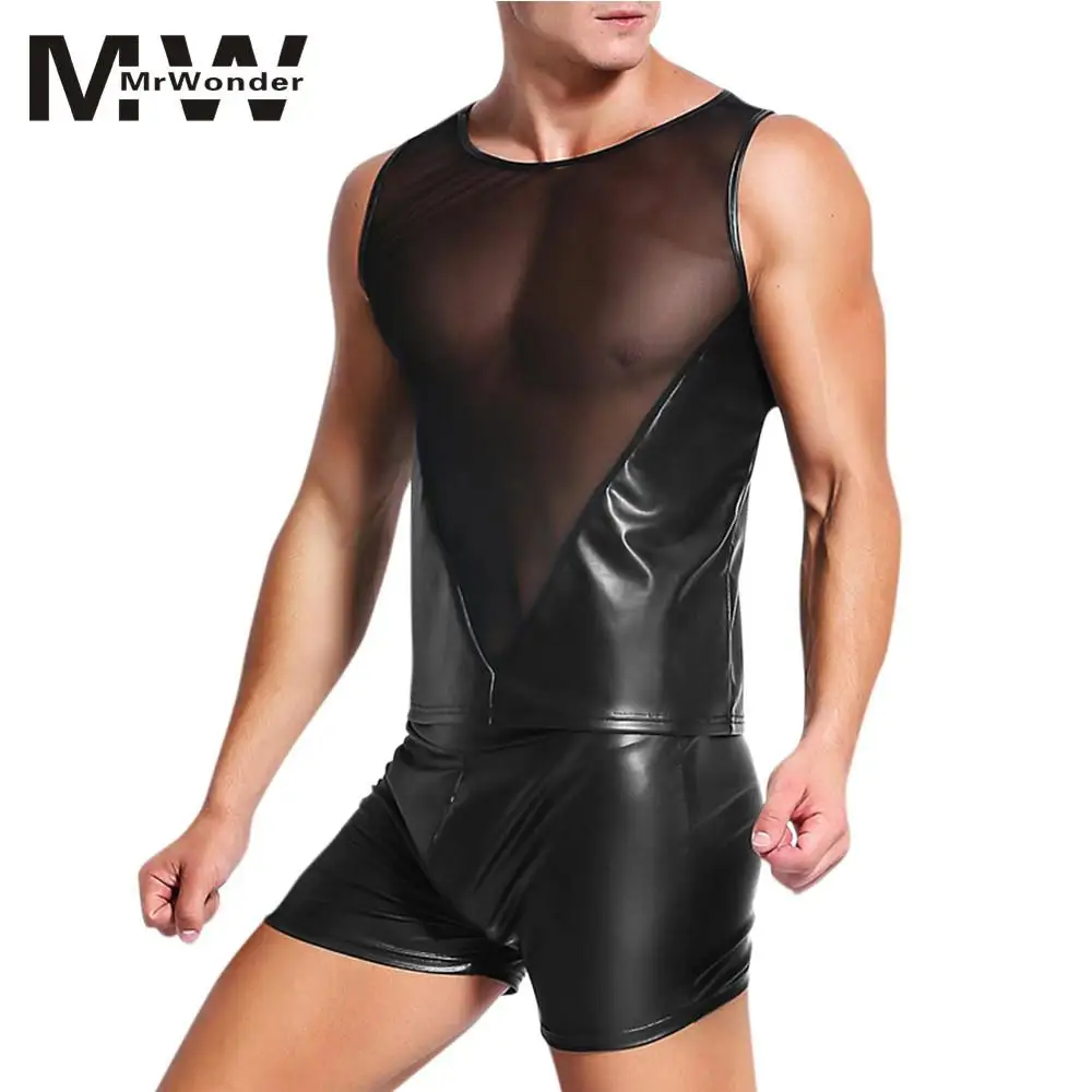 

Men PU Cosplay Sexy Lingerie Stylish Leather Mesh Splicing Tights Underwear SAN0