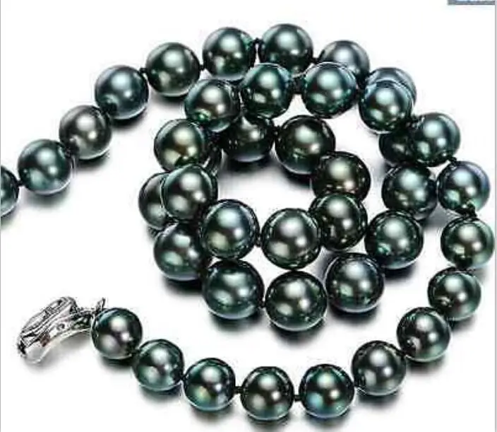 

10-11mm natural tahitian peacock black green pearl necklace 18inch silver
