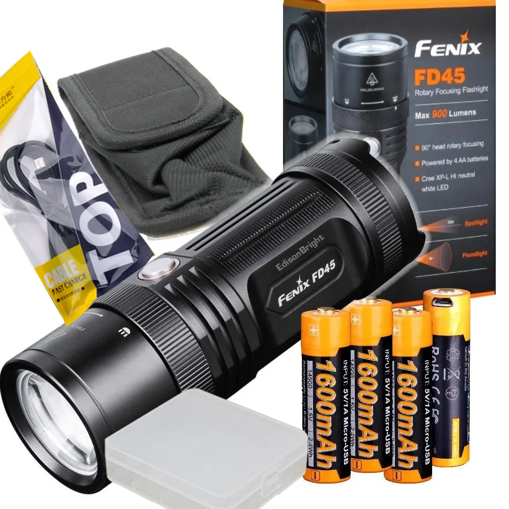 

Fenix FD45 900 Lumen LED Flashlight with 4 X Fenix ARB-L14-1600U USB charging AA battery,usb cable,battery case