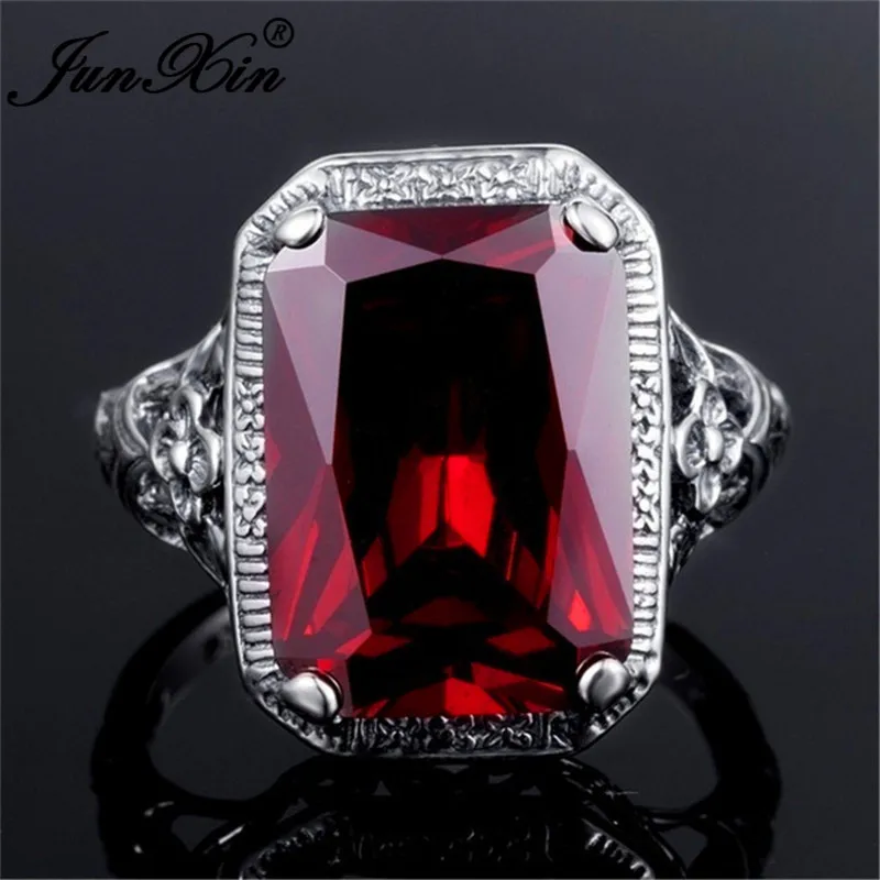 JUNXIN Anitique 925 Sterling Silver Filled Red Stone Rectangle Big Rings For Women Men Vintage Zircon Charm Wedding Bands Gifts