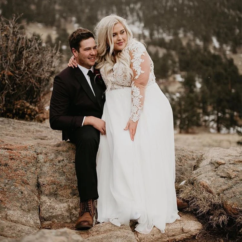 

Long Sleeves Wedding Dresses 2019 Full Sleeveless V Neck Lace Top Bridal Gown vestido de novia Wedding Party Plus Size Dress