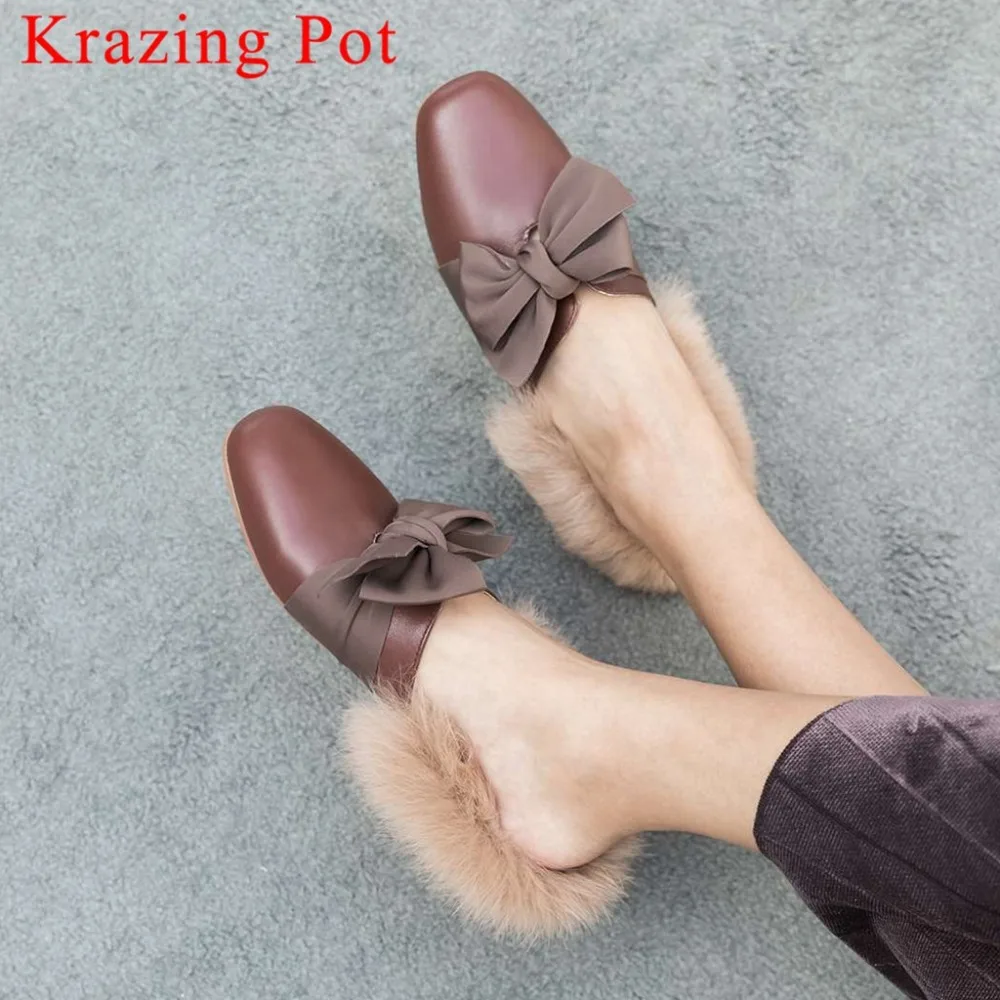 

Krazing Pot slip on full grain leather spring autumn concise mules young lady sweet butterfly-knot fur decoration cozy shoes L83