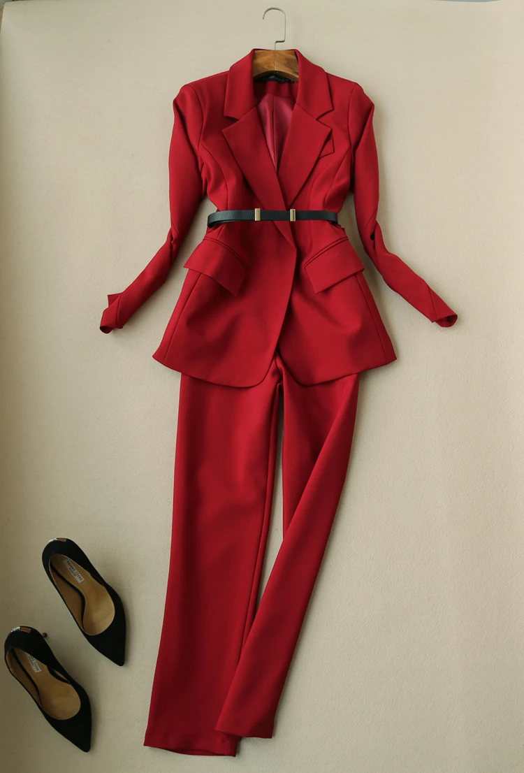 Женский красный винный брючный костюм женский осенний Новый высокое качество темперамент ремень костюм + Высокая талия девять штанов