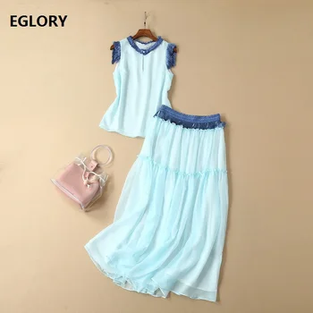 

Tops Fashion Designer Clothing Sets 2019 Summer Two Piece Suit Women Tassel Tops +Mid-Calf Length A-Line Skirt Sets & Suits 2pcs