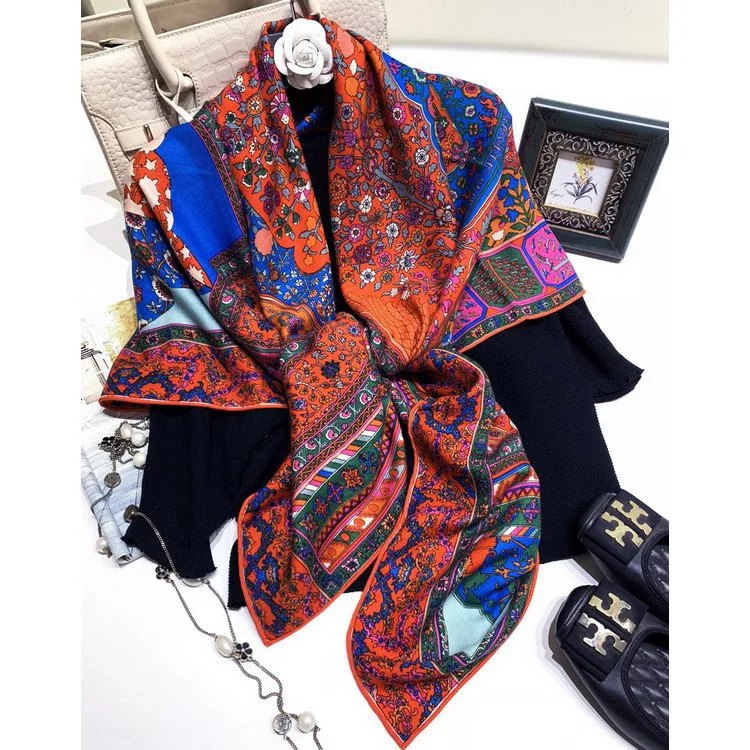 Шелковый кашемировый женский модный большой квадратный шарф в стиле ретро с геометрическим принтом, шаль из пашмины 130x130 см, опт и розница