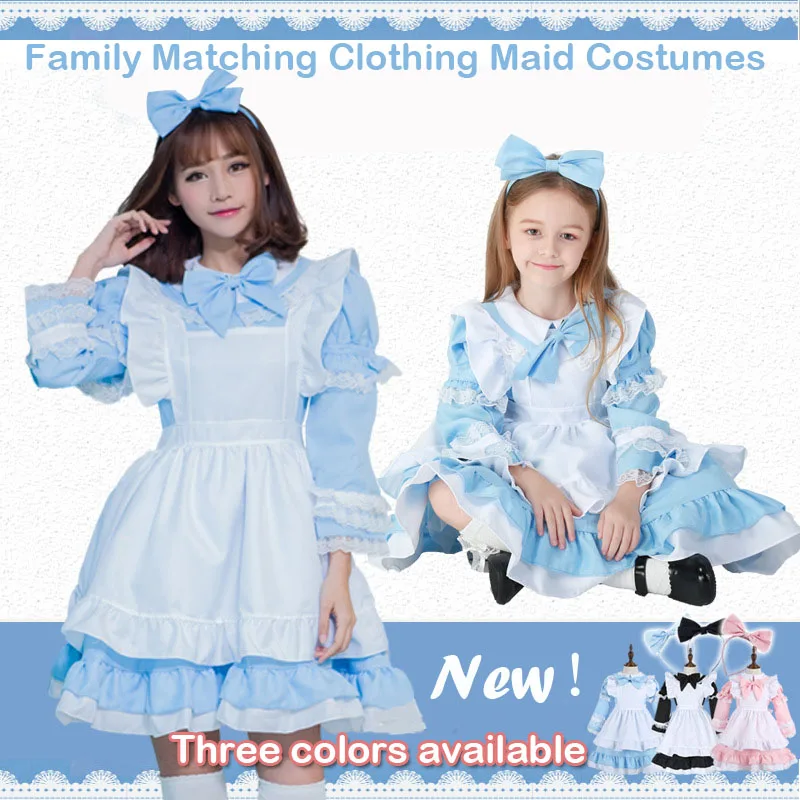 Coshome Women Girls Maid Cosplay Alice Costumes Family Matching Clothing Mother Daughter Blue Lolita Dress For Halloween Party (1)