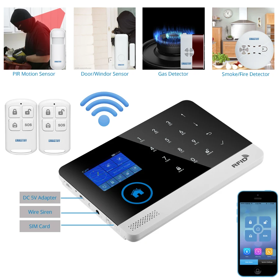 Inalámbrico SIM GSM hogar RFID antirrobo de seguridad LCD táctil teclado WIFI GSM sistema de alarma kit de Sensor inglés, ruso, español voz