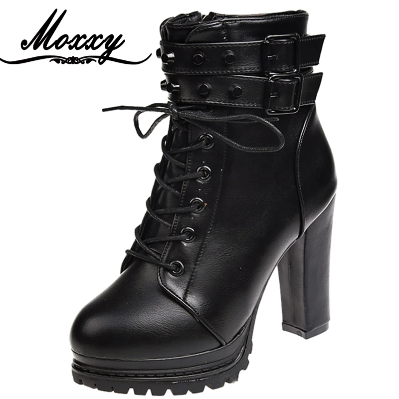 

Moxxy Punk Gothic Style Ankle Boots Women Black High Heels Spring Autumn Lace-up Soft Leather Ladies Platform Shoes Woman Party
