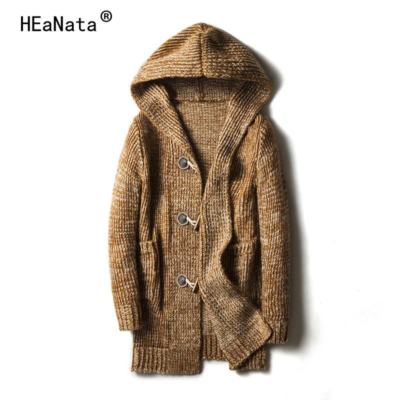 

Winter Sweater 2019 Streetwear Men Knit jacket men Horn Button Long Jackets And Coats Mens Clothing Hooded Outwear Blouse