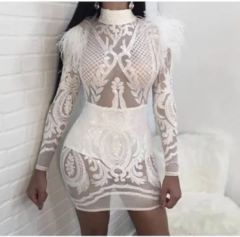 

High Quality Party Dress Celebrity Sexy Long Sleeve Feathers Sequin Night Club Elegant Evening Party Mini Dresses Bodycon
