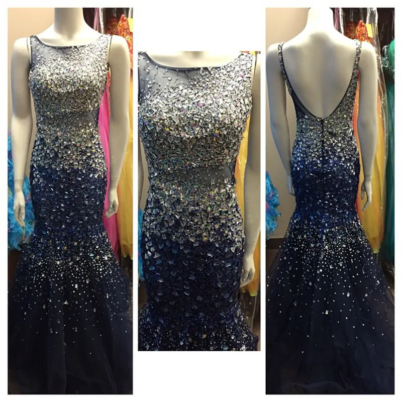 

Shining Navy Blue Mermaid Evening Dresses 2017 Long Tulle Rhinestones Beaded Sexy Open Back Formal Party Gowns Robe de Soiree