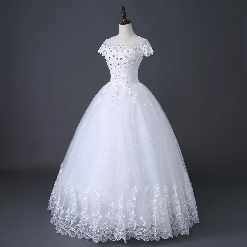 Стиль, круглый вырез, короткий рукав, белый кристалл, украшение, кружево, материал, свадебное платье, на заказ, C005