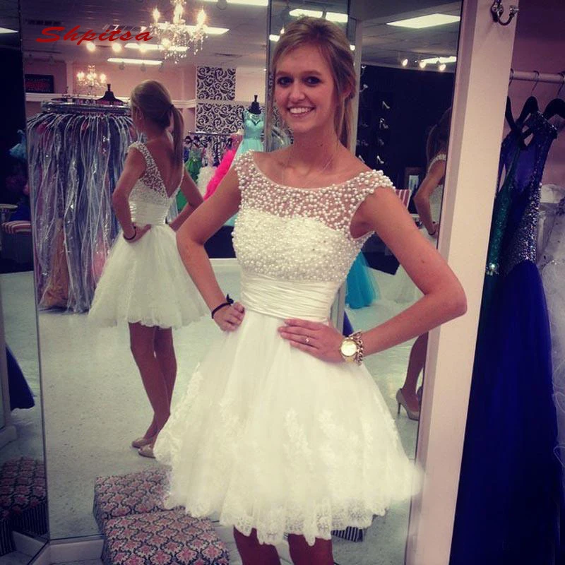 

White Lace Short Cocktail Dresses Party Pearls Graduation Women Prom Plus Size Coctail Semi Formal Dresses