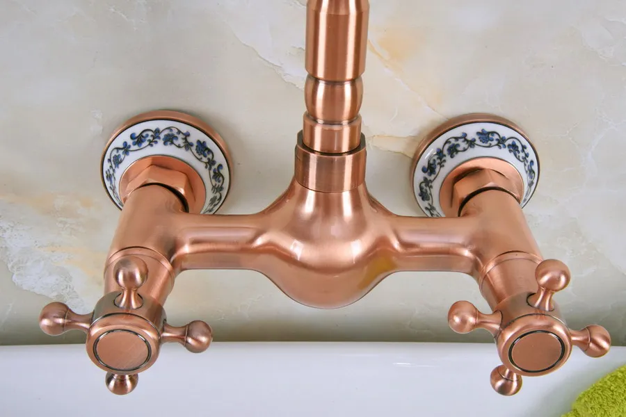 Antique Red Copper Brass Wall Mounted Bathroom Kitchen Sink Faucet Swivel Spout Mixer Tap Double Cross Handles Levers anf942