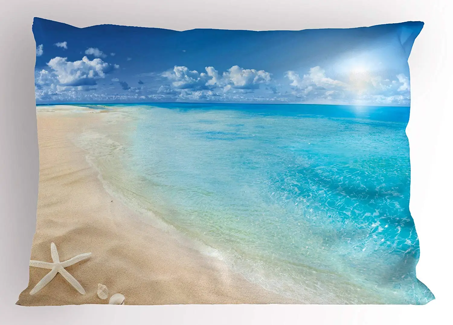Beach Pillow Sham Sunny Summer Seashore With Clear Sky Seashells