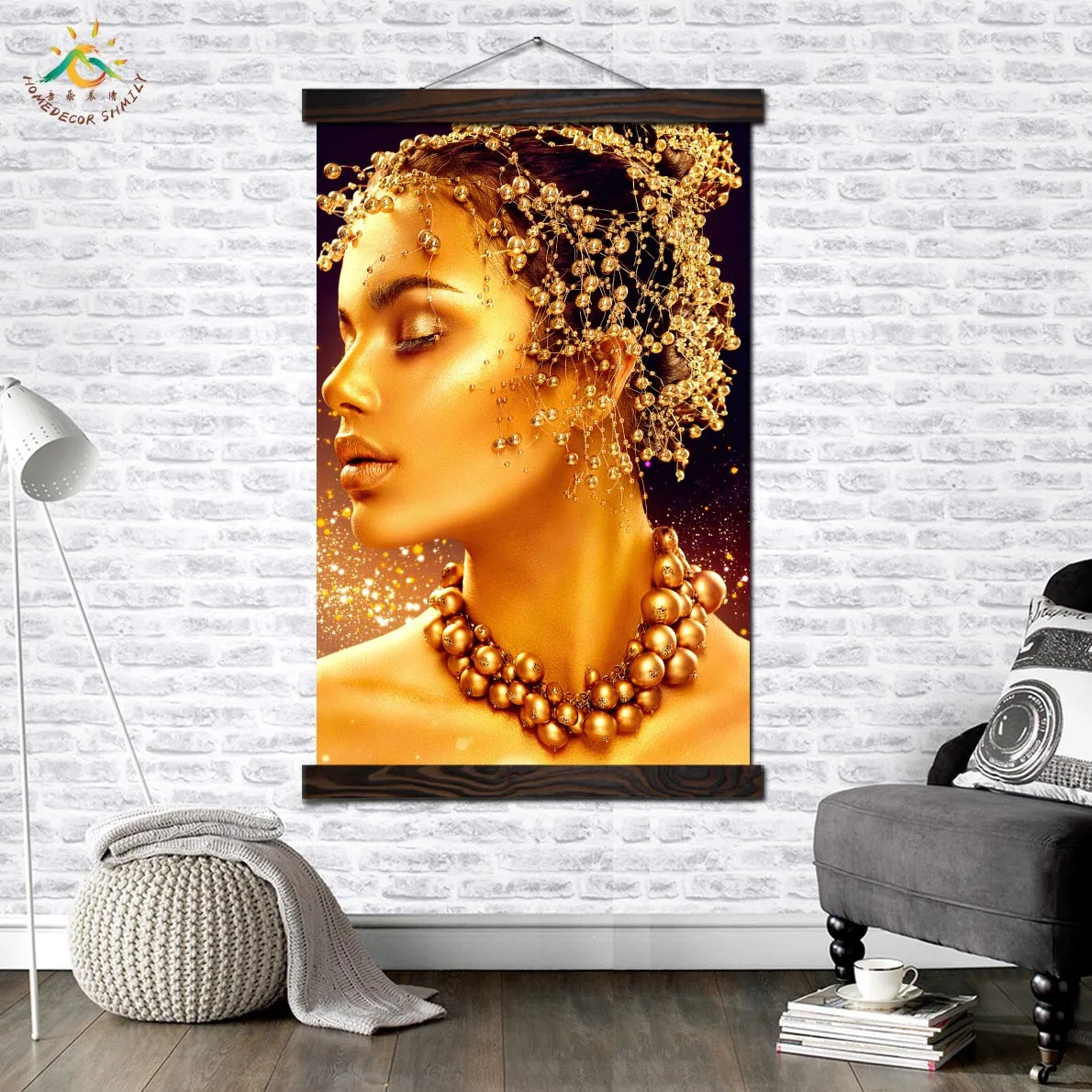 

Gold Necklace Lady Modern Wall Art Print Pop Art Picture And Poster Solid Wood Hanging Scroll Canvas Painting Decoration